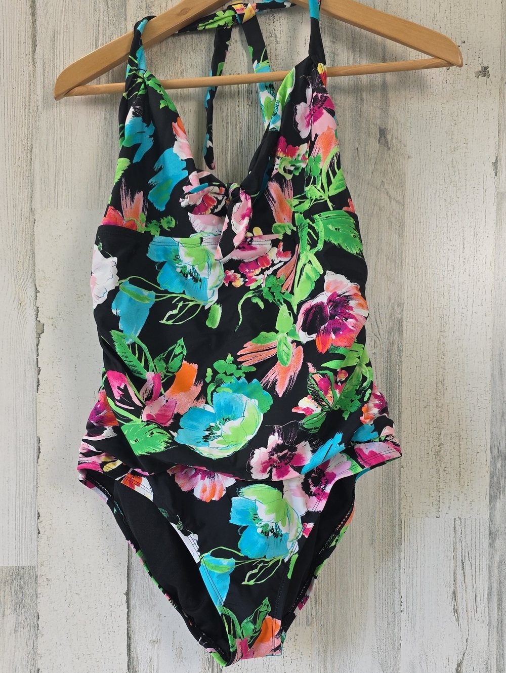 Catalina Black Floral Halter One Piece Swimsuit Size Large 12-14